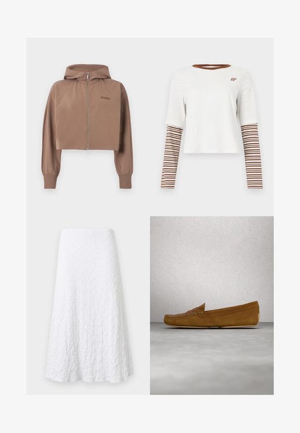 Sweat à capuche court marron avec manches longues, fermeture éclair devant, poignets en côte et petit logo embossé sur la poitrine.; T-shirt blanc court avec manches courtes et manches longues à rayures marron. Présente un col marron et un petit logo "BP" sur la poitrine.; Jupe midi blanche texturée en ligne A avec tissu légèrement froissé et ourlet évasé.; Mocassins en cuir suédé marron avec un couturessé, semelle plate et bout rond. Design simple avec une petite bande décorative sur le devant.