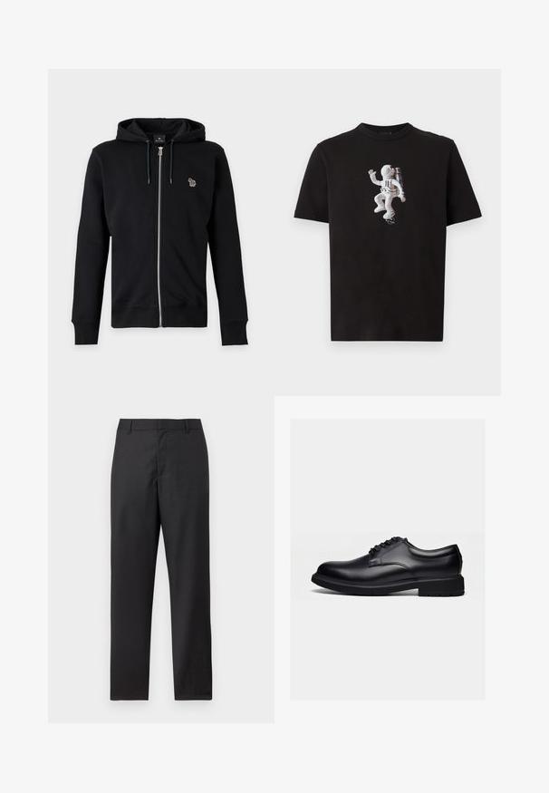 Sweat à capuche noir zippé avec cordon et petit logo animal multicolore sur le côté gauche de la poitrine sur fond gris.; T-shirt noir à manches courtes avec un dessin d'un astronaute blanc en combinaison spatiale flottant au centre du devant.; Pantalon de costume noir à jambes droites, passants pour ceinture et fermeture frontale dissimulée, présenté sur un fond blanc.; Chaussure habillée en cuir noir poli avec lacets et semelle épaisse en caoutchouc, vue de profil sur un fond clair uni.