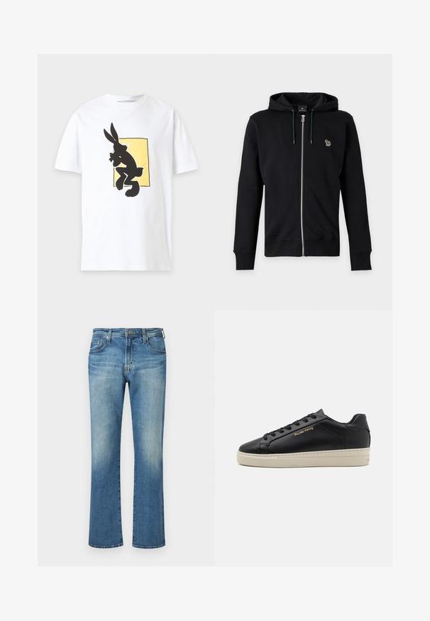 Sweat à capuche noir zippé avec cordon et petit logo animal multicolore sur le côté gauche de la poitrine sur fond gris.; T-shirt blanc à manches courtes avec la silhouette noire d'un lapin de dessin animé dans un carré jaune au centre devant.; Pantalon en denim bleu, design à jambe droite avec un délavage, présentant un style classique à cinq poches et des accents en métal.; Sneaker en cuir noir avec une finition lisse, semelle crème contrastante, bout arrondi, logo doré sur le côté et six œillets pour les lacets.