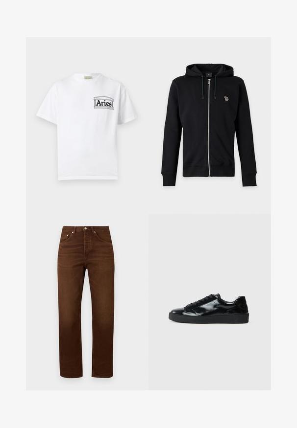 Sweat à capuche noir zippé avec cordon et petit logo animal multicolore sur le côté gauche de la poitrine sur fond gris.; T-shirt blanc à manches courtes avec un petit logo noir "Bélier" à l'intérieur d'un cadre rectangulaire sur la partie gauche de la poitrine.; Jean marron droit en denim avec poches avant et fermeture par bouton métal sur un fond clair uni.; Baskets en cuir verni noir avec un bout arrondi, un laçage, une semelle en caoutchouc texturé et une finition lisse.