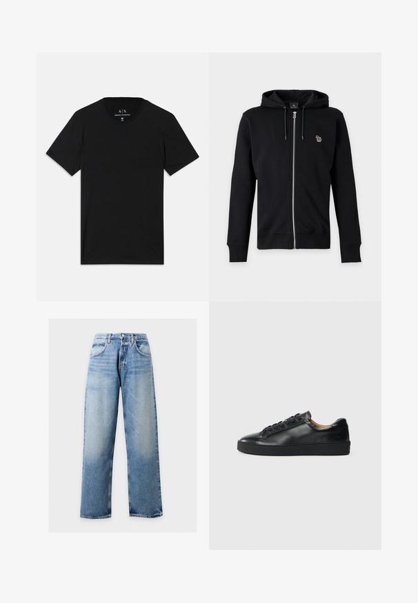 Schwarzer Kapuzenpullover mit Reißverschluss und Kordelzug, mit kleinem mehrfarbigem Tier-Logo auf der linken Brust vor grauem Hintergrund.; Schwarzes T-Shirt aus Baumwolle mit kurzen Ärmeln, Rundhalsausschnitt und einem Etikett mit dem Markenlogo am inneren Kragen.; Hellblaue Jeans mit weitem Bein, Fronttaschen, Gürtelschlaufen und Knopfverschluss vor einfachem Hintergrund.; Schwarze Leder-Sneaker mit glatter Textur, runder Zehenpartie und Schnürverschluss. Verfügt über eine dicke Gummisohle und minimalistische Marken-Details.
