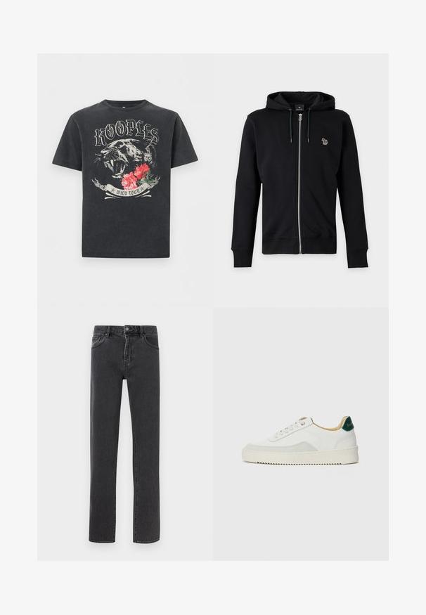 Sudadera negra con cremallera y capucha con cordón, con pequeño logo animal multicolor en el lado izquierdo del pecho sobre fondo gris.; Camiseta negra con una pantera rugiente, flores rojas y texto estilizado "KOOPLES" arriba y "WILD TOUR" debajo del gráfico.; Vaqueros de mezclilla negros de pierna recta con cierre frontal de botón y cremallera, trabillas para cinturón y bolsillos delanteros y traseros, exhibidos planos sobre un fondo claro.; Zapatilla blanca con acentos de ante, puntera redondeada, cordones planos y suela de goma color crema. Presenta un logo verde en el talón.