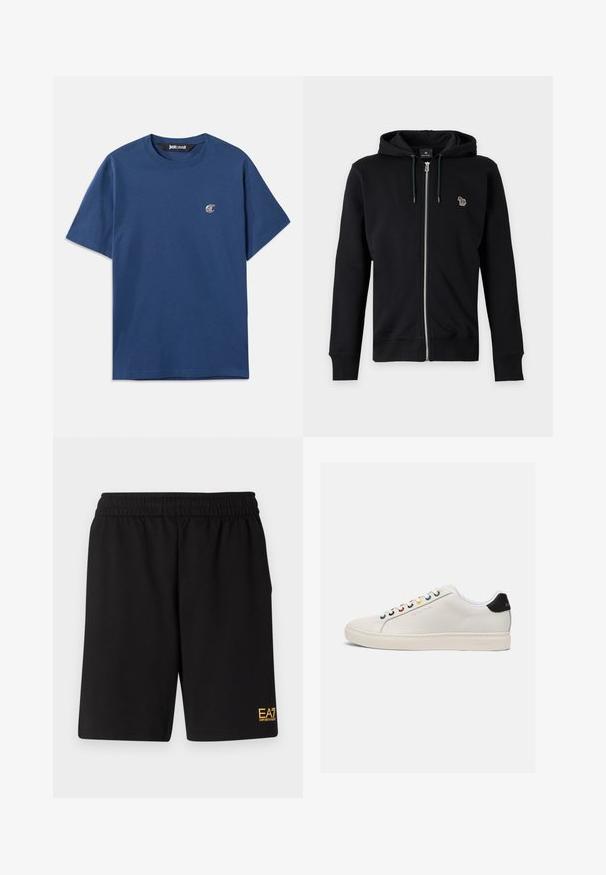 Sort lynlås-hættetrøje med snøre i hætten og lille flerfarvet dyrelogo på venstre bryst mod grå baggrund.; Marineblå bomulds t-shirt med rund hals, korte ærmer og et lille ovalt logo på venstre bryst. Glat tekstur, afslappet pasform.; Sorte atletiske shorts lavet af blødt stof, med en elastisk talje og et lille gult EA7-logo nederst på venstre ben.; Hvide lædersneakers med en let afrundet tå, flad sål, multikolorede snørehuller, sort hælflap og præget logo på siden.