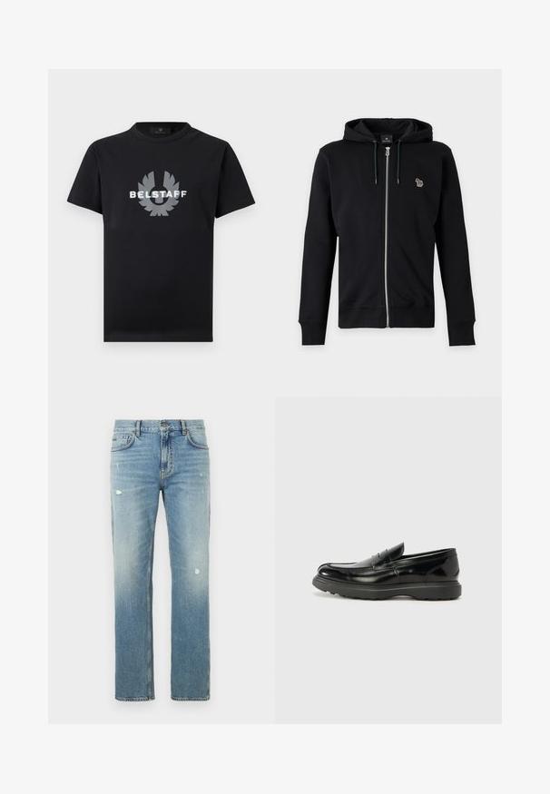 Sweat à capuche noir zippé avec cordon et petit logo animal multicolore sur le côté gauche de la poitrine sur fond gris.; T-shirt noir à manches courtes avec col rond, orné d'un logo Belstaff argenté réfléchissant et d'un emblème ailé centré sur la poitrine.; Jean en denim bleu clair avec une coupe droite, présentant des zones délavées et de petites déchirures. Design classique à cinq poches et passants pour ceinture.; Mocassin en cuir noir avec une finition brillante, bout arrondi, détails de couture subtils et semelle en caoutchouc épaisse pour la durabilité.