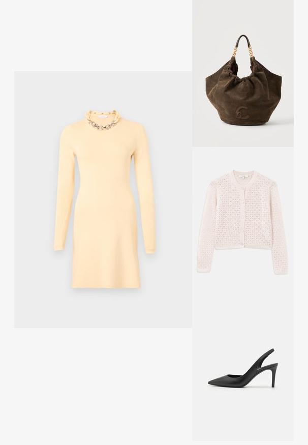 Lichtroze gebreide cardigan met een textuurpatroon, ronde halslijn en knoopsluiting met vier knopen. Verkorte lengte en lange mouwen.; Rabanne Etui-jurk - cream; Zwarte leren slingback hoge hakken met een puntige neus, met een uitsparing aan de voorkant en een dunne stilettohak.; Zachte bruine suède handtas met gerimpelde bovenkant, gouden ketting en leren handvatten, en een reliëflogo op de voorkant tegen een effen achtergrond.