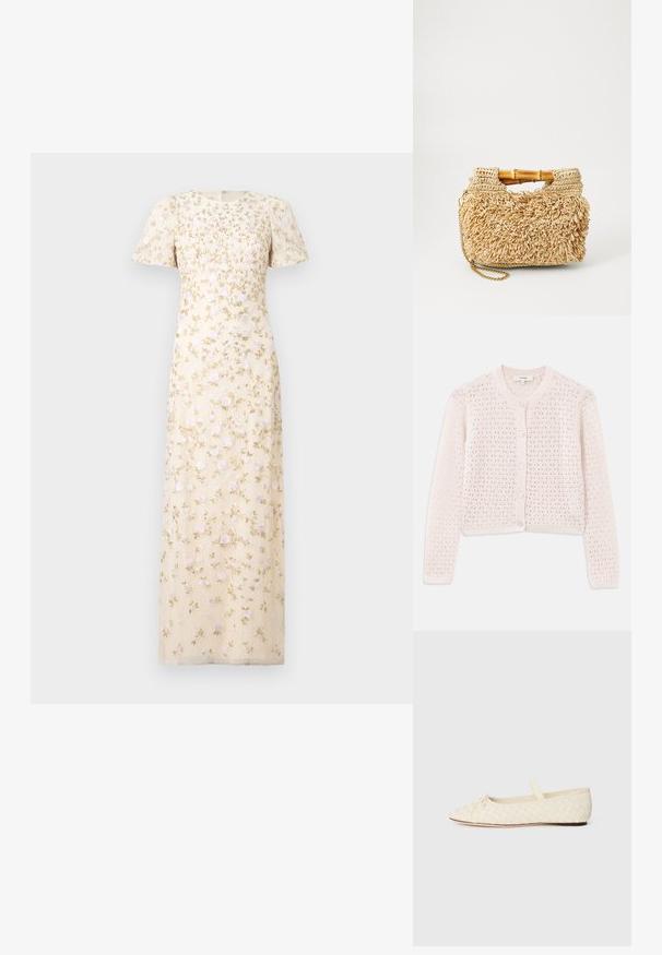 Lys pink strikket cardigan med et struktureret mønster, rund halsudskæring og knaplukning med fire knapper. Korte længde og lange ærmer.; Lang cremefarvet kjole med korte ærmer, dækket af delikat lyserød og gylden blomsterbroderi.; Balletflade i vævet cremefarvet materiale, spidse tå, med en lille sløjfedetalje foran og en rem hen over toppen. Flad sål.; Vævet strohåndtaske med bambushåndtag, der har et tekstureret fringedesign i naturlig beige og en guldkædesnor.