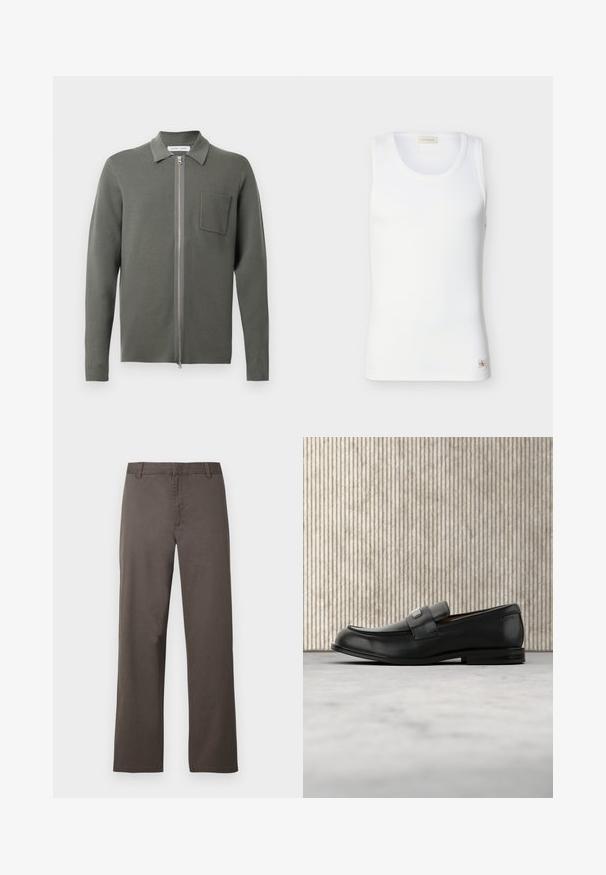 Λαδί πράσινο cardigan με φερμουάρ μπροστά, μακριά μανίκια, μικρή τσέπη στο στήθος και υφή πλέξης. Μινιμαλιστικός σχεδιασμός.; Λευκό αμάνικο τοπ με ριμπ ύφανση, στρογγυλή λαιμόκοψη και μικρή ετικέτα με το λογότυπο Calvin Klein κοντά στο τελείωμα, σε απλό φόντο.; Καφέ βαμβακερό παντελόνι με ευθεία γραμμή, διαθέτει θηλιές για ζώνη και λεία υφή. Δεν υπάρχουν ορατά σχέδια ή μεταλλικά στοιχεία.; Μαύρο δερμάτινο μοκασίνι με μεταλλική πλάκα μάρκας που ακουμπά δίπλα σε καφέ στρογγυλό τραπέζι πάνω σε μπεζ χαλί.