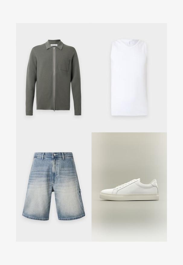 Cárdigan verde oliva con cierre frontal, mangas largas, un pequeño bolsillo en el pecho y un acabado de punto texturizado. Diseño minimalista.; Camiseta blanca sin mangas con textura acanalada y escote redondo sobre fondo liso claro.; Shorts de mezclilla de color azul deslavado, de corte recto y ajuste holgado. Cuentan con cinco bolsillos y pasadores para cinturón, además de un sutil patrón desgastado.; Zapatilla blanca de perfil bajo con cordones en la parte delantera y suela gruesa, mostrada de lado sobre un fondo neutro.