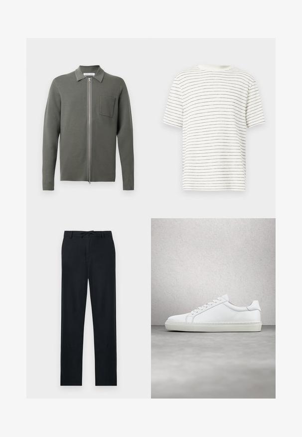 Cárdigan verde oliva con cierre frontal, mangas largas, un pequeño bolsillo en el pecho y un acabado de punto texturizado. Diseño minimalista.; Camiseta blanca de manga corta con rayas negras estrechas, cuello redondo, ajuste relajado, textura suave y dobladillo ligeramente curvado en los laterales.; Pantalones negros de material ligero, con corte recto, cintura ajustable con cordón y dos bolsillos laterales.; Zapatilla blanca con parte superior de cuero liso y perfil bajo. Presenta una puntera redondeada, seis ojales y una suela de goma texturizada.