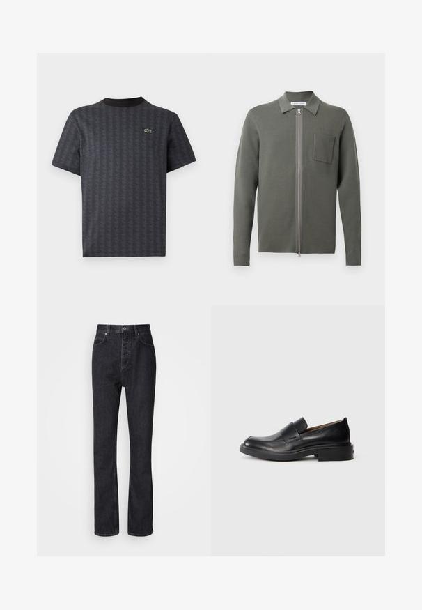 Olivengrøn cardigan med lynlås foran, lange ærmer, en lille brystlomme og en struktureret strikfinish. Minimalistisk design.; Sort kortærmet t-shirt med et geometrisk mønster og et grønt krokodille-logo, med en ensfarvet sort rund hals.; Høj talje sorte denim jeans med knap- og lynlåsåbning, for- og baglommer samt lige ben.; Sorte læder slip-on dress sko med lav hæl og subtil Calvin Klein logo på siden, vist i profil på en hvid baggrund.