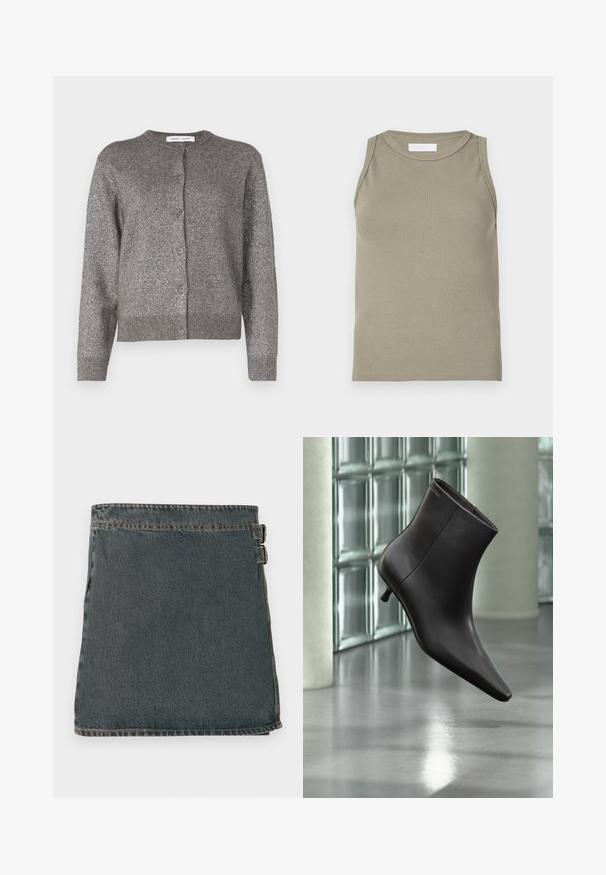 Cardigan gris métallique avec un col rond, fermeture à boutons, manches longues, ourlet côtelé et finition en tissu texturé.; Débardeur côtelé vert olive, avec un col rond et un design sans manches. Confectionné en matière douce et extensible avec une silhouette ajustée.; Jupe en denim bleu foncé avec une surface texturée, dotée de deux boucles latérales et d'un ourlet droit. Coutures visibles le long des bords.; Bottine en cuir noir avec bout pointu et petit talon, présentée devant un mur en blocs de verre et un sol poli.