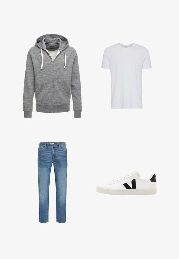 Grau zip-up Hoodie aus weichem Baumwollmix. Verfügt über eine Kapuze mit Kordelzug, Fronttaschen sowie gerippte Bündchen und Saum.; Schlichtes weißes T-Shirt mit kurzen Ärmeln und Rundhalsausschnitt, präsentiert auf weißem Hintergrund, mit einem kleinen Nackenetikett, das die Marke „Solid“ zeigt.; Hellblaue Jeans aus Denim mit klassischem geradem Bein, ausgestattet mit fünf Taschen, Metallknopfverschluss und leichtem Verblassen des Stoffes.; Weiße Leder-Sneaker mit schwarzen Wildlederelementen; verfügen über eine Gummisohle, eine runde Spitze und ein klassisches Schnürdesign. Seitliches Logo in Schwarz.