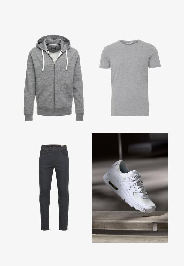 Grau zip-up Hoodie aus weichem Baumwollmix. Verfügt über eine Kapuze mit Kordelzug, Fronttaschen sowie gerippte Bündchen und Saum.; Graues Baumwoll-T-Shirt mit kurzen Ärmeln, Rundhalsausschnitt und normaler Passform. Verfügt über ein kleines Markenetikett auf der unteren linken Seite.; Dunkelblaue Denim-Jeans mit schmaler Passform, fünf Taschen, Knopf- und Reißverschluss und kontrastierendem Nähen. Glatte Textur.; Weiße Nike Air Max 90 Sneaker mit einem Obermaterial aus Mesh und Leder, durchlässigem Zehenbereich und einer sichtbaren Air-Einheit in der Ferse.