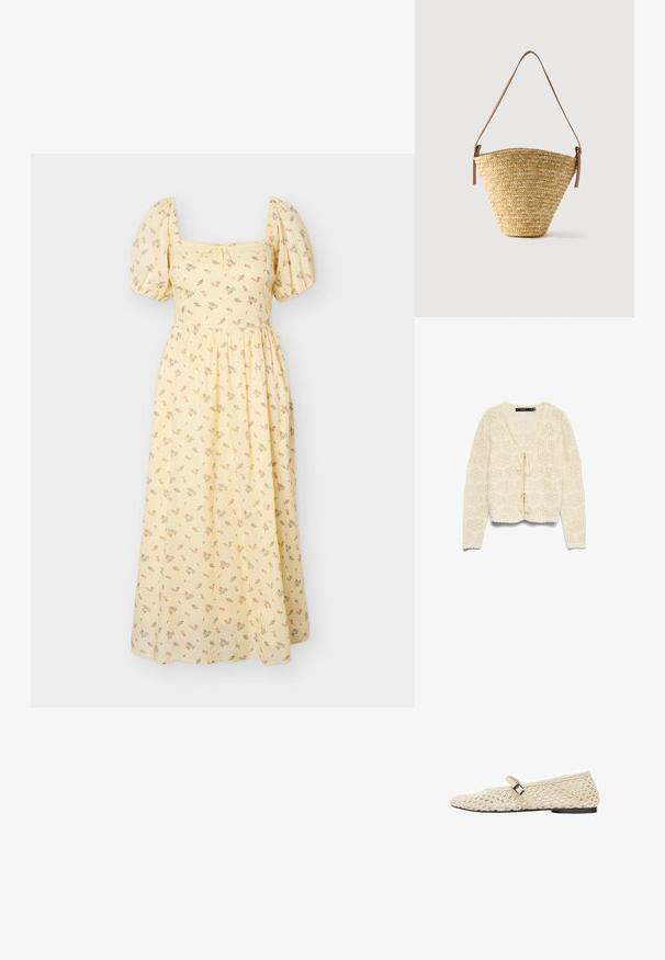 Cardigan en maille crochet couleur crème avec manches longues, col en V et deux fermetures à nouer à l'avant présentant des trous à motif floral.; Robe midi jaune avec manches bouffantes, encolure carrée, imprimé floral délicat et taille froncée.; Chaussure plate Mary Jane beige tissée avec une petite boucle noire et une semelle fine, présentant un design texturé respirant.; Sac seau en paille tissée avec une base large, un sommet étroit et une bandoulière en cuir marron ajustable.