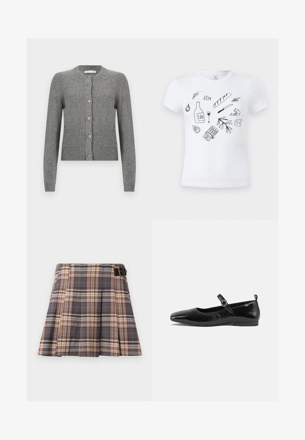 Grå cardigan lavet af strikket stof, med lange ærmer, rund hals, knaplukning og ribbede detaljer samt to forlommer.; Hvid T-shirt med sorte stregtegninger af madvarer, herunder brød, ost, vinflaske og glas, rejer, hvidløg, oliven og en kniv.; Rutig nederdel i grå, beige og rustfarver; har plisseringer, en spænde detalje og et struktureret design. Fremstillet af et vævet stof.; Sorte patentlæder flade sko med spidse tæer, en ankelrem med spænde og en glat, blank tekstur. Lav hæl for komfort.