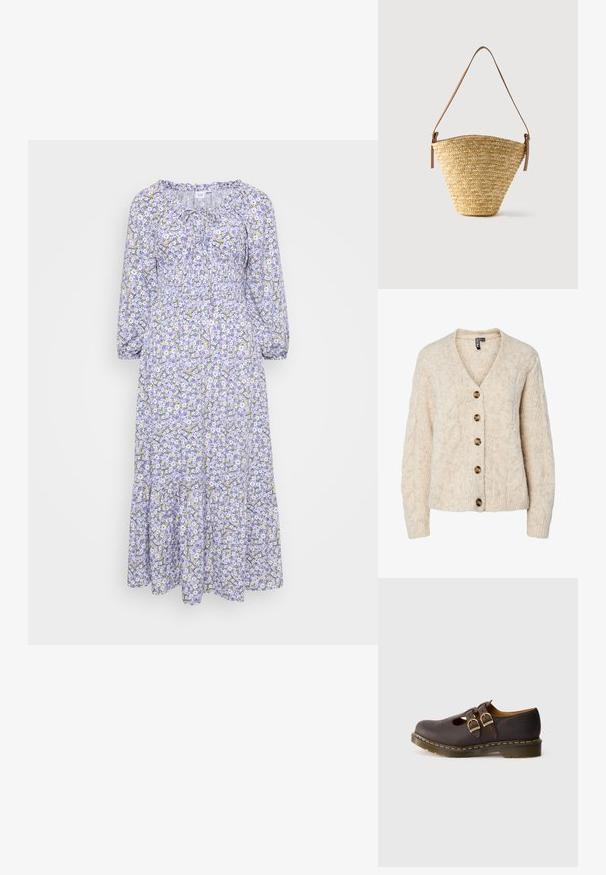 Cardigan en maille beige clair avec un col en V, motif torsadé, et cinq boutons marron sur le devant. Poignets et ourlet côtelés.; Robe florale avec une base lilas, ornée de fleurs blanches et jaunes. Manches longues, encolure froncée et ourlet en volants. Tissu léger.; Chaussure en cuir marron foncé avec des sangles à double boucle, un design perforé au niveau des orteils et une semelle épaisse translucide avec des coutures jaunes.; Sac seau en paille tissée avec une base large, un sommet étroit et une bandoulière en cuir marron ajustable.
