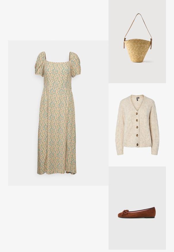 Lysebeige strikket cardigan med V-udskæring, kabelstrikkemønster og fem brune knapper ned foran. Ribstrikkede manchetter og kant.; Even&Odd by Zalando Hverdagskjole - green/pink; Brune ruskind balletflats med rund tå, forsynet med en dekorativ knude foran og en kontrasterende pink indersål. Flad sål.; Flettet stråtaske med bred bund, smal top og justerbar brun læder skulderrem.