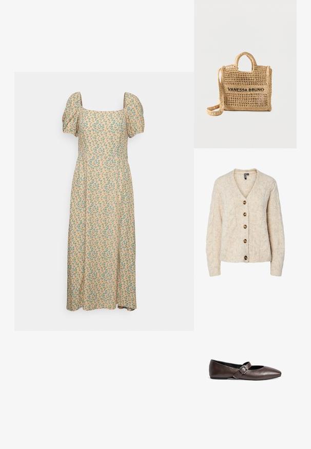 Lysebeige strikket cardigan med V-udskæring, kabelstrikkemønster og fem brune knapper ned foran. Ribstrikkede manchetter og kant.; Even&Odd by Zalando Hverdagskjole - green/pink; Brune læder flade sko med rund tå og en justerbar spænde rem over midtfoden. Glat tekstur og minimalistisk design.; Vævet beige håndtaske med to håndtag, lang rem, åben vævning og "VANESSA BRUNO" broderet i sort på forsiden.
