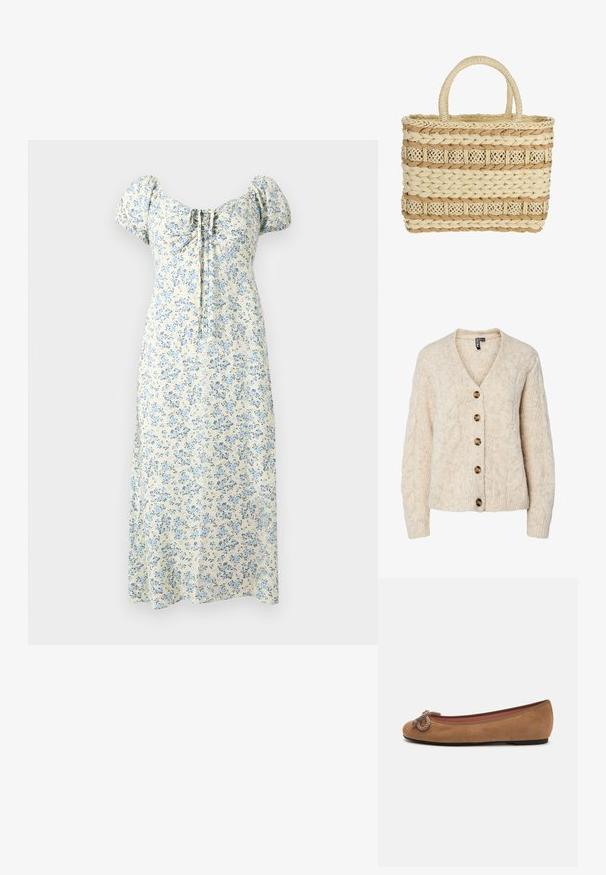 Lysebeige strikket cardigan med V-udskæring, kabelstrikkemønster og fem brune knapper ned foran. Ribstrikkede manchetter og kant.; Kremet midikjole med blåt blomsterprint, puffede ærmer, rynket firkantet halsudskæring og bindedetalje foran.; Brune suedede balletflade med en rund tå, prydet med en dekorativ rebknude på fronten og en flad sål.; Rektangulær flettet kurv med naturlige og lysebrune fibre, med to afrundede håndtag og dekorative flettede mønstre.