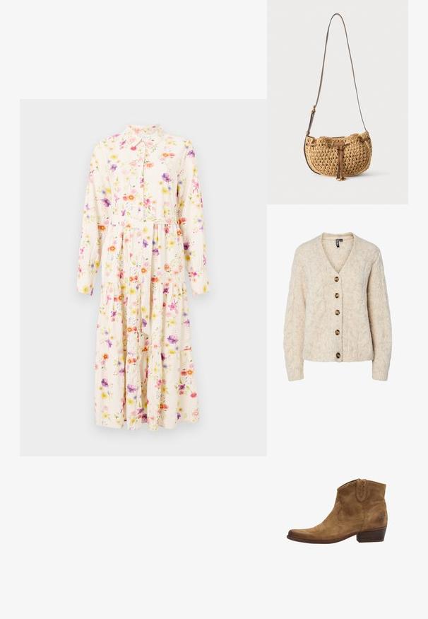 Lysebeige strikket cardigan med V-udskæring, kabelstrikkemønster og fem brune knapper ned foran. Ribstrikkede manchetter og kant.; Blomstret kjole med lange ærmer, krave, knappet fortil og lagdelt skirt. Stoffet har et pastelfarvet blomstermønster på en kremfarvet baggrund.; Brune ruskind ankelstøvler med spidse tæer, pyntesyninger og en kort stablet hæl. Sidestræk for nem påtagning.; Lille tanfarvet vævet skuldertaske med justerbar brun læderstrop og læderdetalje foran hængende mod hvid baggrund.