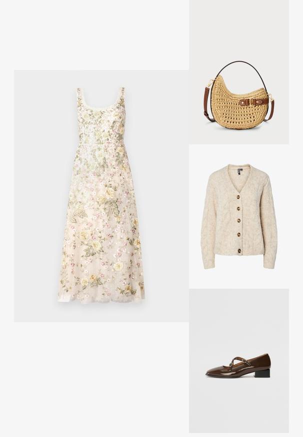 Svetlobéžový pletený kardigán s výstrihom do V, vzorom s copánkami a piatimi hnedými gombíkmi vpredu. Rebrované manžety a lem.; Needle & Thread FLORINE SCOOP NECK BALLERINA DRESS - Oblečenie na špeciálnu príležitosť - cream; Hnedé lakované kožené topánky Mary Jane so štvorcovou špičkou, dvoma nastaviteľnými popruhmi zdobenými okrúhlymi kovovými prackami a nízkym blokovým podpätkom.; Tkaný slamienkový hobo batoh s oblým tvarom, hnedým koženým popruhom s prackou a prirodzenou béžovou farbou. Textúrovaný povrch s viditeľnými stehmi.