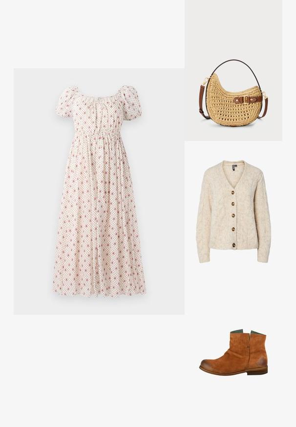 Lysebeige strikket cardigan med V-udskæring, kabelstrikkemønster og fem brune knapper ned foran. Ribstrikkede manchetter og kant.; Blomstret kjole lavet af letvægtsstof, med firkantet halsudskæring, korte puffærmer, elastisk talje og en beige baggrund med røde blomster.; Brun suede ankelstøvle med en rund tå, kort skaft og en let slidt finish. Har en grøn indvendig og en træsål.; Vævet halmmulesæk med en buet form, brunt læderstrop med spænde og en naturlig tan farve. Tekstureret overflade med synlige sting.