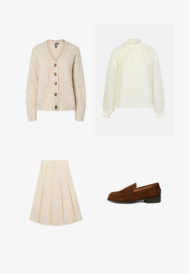 Lysebeige strikket cardigan med V-udskæring, kabelstrikkemønster og fem brune knapper ned foran. Ribstrikkede manchetter og kant.; Lys gul bluse med høj hals, puffede ærmer og flæser ved manchetterne. Den teksturerede stof har små hvide polkaprikker overalt.; Plisseret nederdel i cremefarvet stof; har en blød tekstur, mellemlang design og symmetriske plisseringer, der strækker sig fra taljen til kanten.; Brune ruskinds loafers med rund tå, dekorativ rem og lav blokhæle; glat tekstur og rene linjer definerer designet.