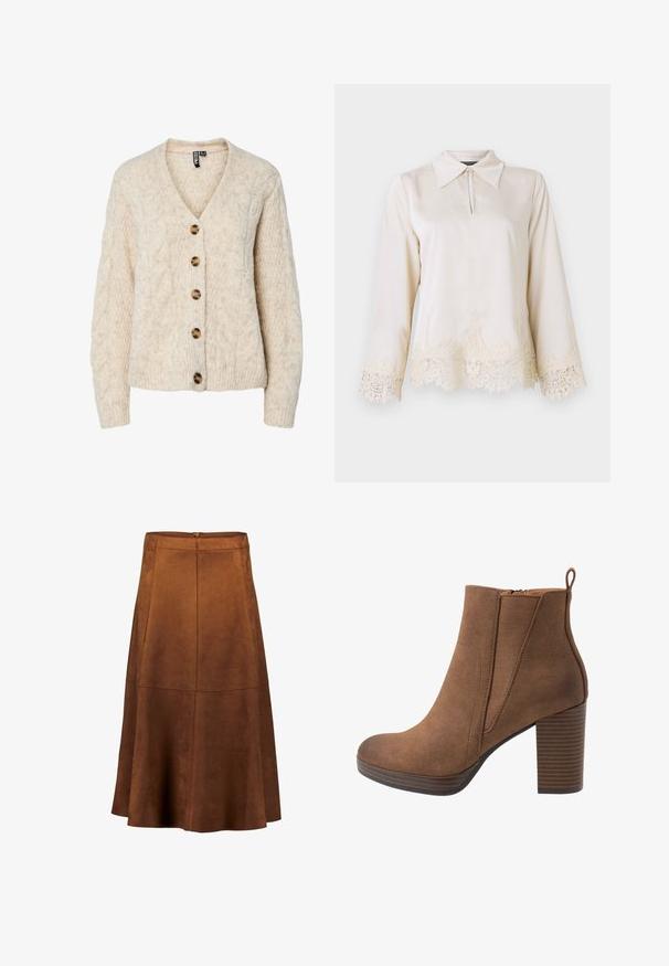 Cardigan en maille beige clair avec un col en V, motif torsadé, et cinq boutons marron sur le devant. Poignets et ourlet côtelés.; Blouse en crème avec un col, fermeture éclair à l'avant, et manches longues ornées d'une délicate dentelle au bas et aux bords des manches.; Jupe trapèze en daim marron avec une texture lisse, des coutures en panneaux et une fermeture éclair à l'arrière. Longueur mi-mollet avec un ourlet évasé.; Bottine en suede marron avec un talon épais, des panneaux latéraux élastiques et une languette à l'arrière pour un enfilage facile. Bout arrondi avec semelle texturée.