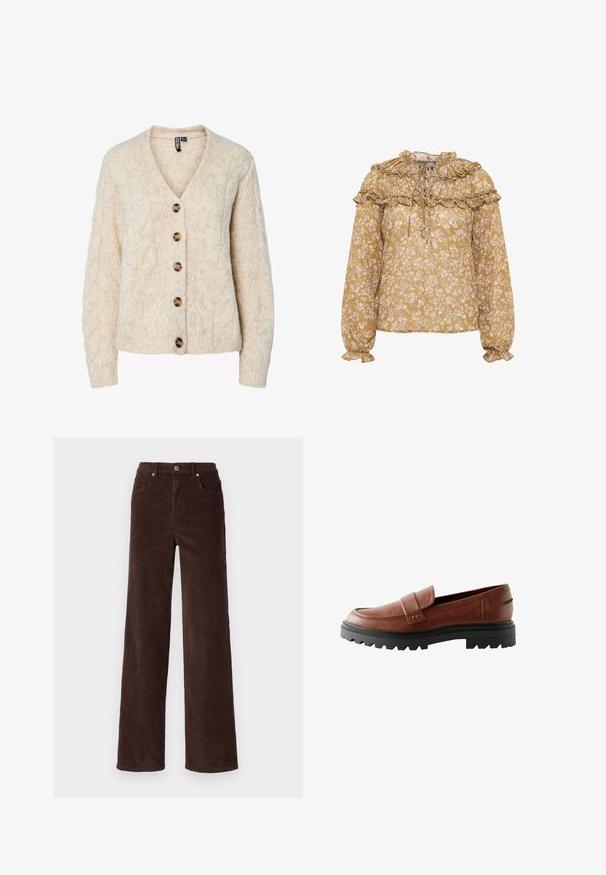 Lysebeige strikket cardigan med V-udskæring, kabelstrikkemønster og fem brune knapper ned foran. Ribstrikkede manchetter og kant.; Blomstret bluse i sennepsgult med flæser ved halsen og ærmerne. Letvægtsstof med hvidt blomstermønster og samlet detalje.; Vero Moda VMTESSA WIDE PANTS - Bukser - chocolate torte; Brune læder loafers med en forhøjet tåhætte, dekorativ rem og tekstureret sort gummisål med markant mønster.