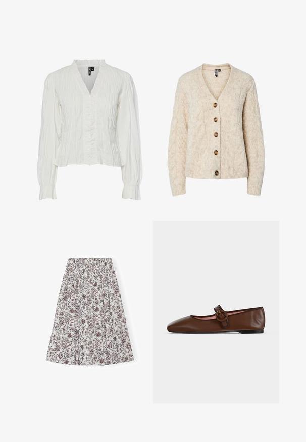 Cardigan en maille beige clair avec un col en V, motif torsadé, et cinq boutons marron sur le devant. Poignets et ourlet côtelés.; Blouse blanche en tissu froissé, avec un col en V, un devant volanté et des manches longues avec des poignets élastiques. Design texturé et léger.; Jupe midi avec taille smockée, fond blanc et motif floral détaillé marron et bleu sur toute la surface.; Chaussure plate Mary Jane en cuir marron avec bride à boucle ronde et semelle noire sur fond gris clair.