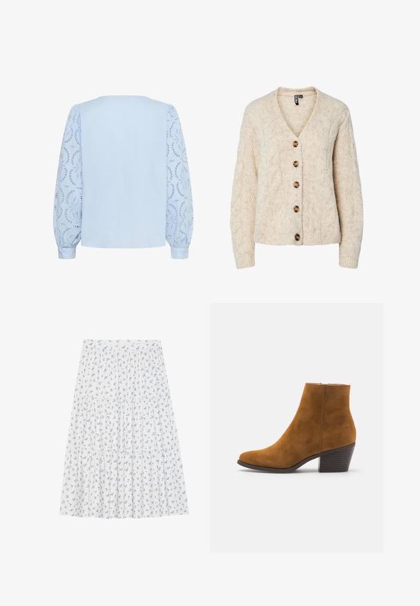 Cardigan en maille beige clair avec un col en V, motif torsadé, et cinq boutons marron sur le devant. Poignets et ourlet côtelés.; Blouse bleu clair avec panneau arrière uni et manches longues bouffantes en dentelle présentant des motifs floraux circulaires découpés et poignets boutonnés.; Jupe florale en tissu léger, avec un fond blanc agrémenté de petites fleurs bleues, design à volants et taille élastique.; Bottine en daim marron avec un bout pointu et un talon empilé. Texture lisse avec une fermeture à glissière sur le côté. Design et forme classiques.