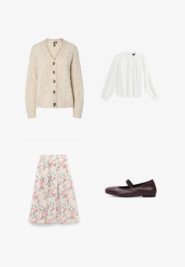 Lysebeige strikket cardigan med V-udskæring, kabelstrikkemønster og fem brune knapper ned foran. Ribstrikkede manchetter og kant.; Hvid bluse med lange ærmer og høj halsudskæring, tekstureret stof, broderede detaljer og opsamlede pufærmer. Knappelukning bagpå.; Blomstret nederdel med pink og gule blomster på en hvid baggrund. Har plisseringer og en gathered talje. Letvægts stofstruktur.; Brune læder balletflade med rund tå og en tynd elastisk rem over foden. Flad sål og glat overfladetextur.