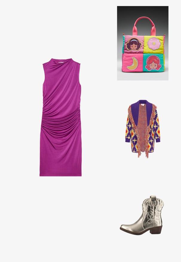 Cárdigan de punto con un cuello morado, bordes desflecados y un patrón geométrico multicolor que presenta acentos en rojo, amarillo y azul.; Vestido sin mangas de color morado con detalles de tela fruncida a lo largo de un lado, que presenta una textura suave y un corte a la altura de la rodilla.; Bota vaquera metálica dorada con punta puntiaguda, costuras decorativas en la parte superior y un tacón corto apilado. Textura lisa.; Bolso de patchwork colorido con asas rosas que presenta caras de dibujos animados, una flor rosa y una luna creciente amarilla en cuadrados de tela acolchada.