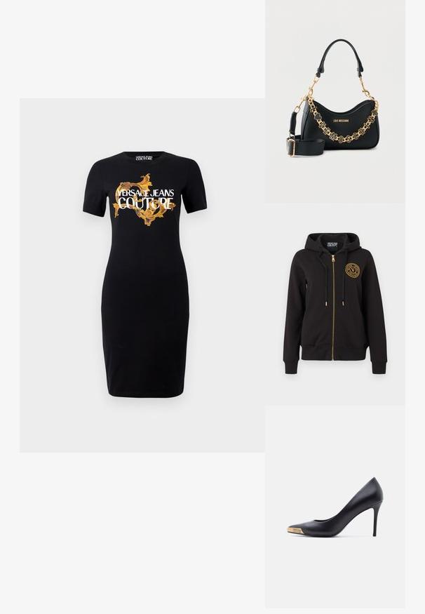 Sudadera negra con cremallera y capucha, cordones negros, cremallera dorada y logo redondo dorado de Versace Jeans Couture en el pecho izquierdo.; Vestido negro ajustado con mangas cortas que presenta el logo en oro y blanco "VERSACE JEANS COUTURE" y patrones intrincados en dorado en la parte frontal.; Zapato de tacón alto de cuero negro con punta puntiaguda, punta metálica dorada grabada con "Versace Jeans Couture", mostrado de lado sobre fondo blanco.; Bolso Black Love Moschino con cadena de tono dorado formando el nombre de la marca, correa de hombro desmontable y asa superior curvada sobre fondo blanco.