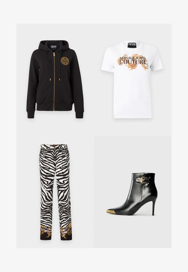 Sudadera negra con cremallera y capucha, cordones negros, cremallera dorada y logo redondo dorado de Versace Jeans Couture en el pecho izquierdo.; Camiseta blanca de manga corta con texto "Versace Jeans Couture" y remolinos decorativos naranjas en el frente, cuello redondo.; Pantalones de estampado de cebra en blanco y negro, con un bordado floral decorativo en el dobladillo y un cinturón con acentos dorados y hebilla.; Botín negro hasta el tobillo fabricado en cuero brillante, con punta puntiaguda, tacón de aguja y detalles dorados con una hebilla decorativa.