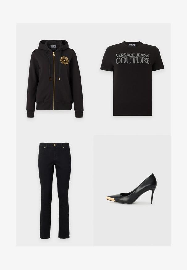 Sudadera negra con cremallera y capucha, cordones negros, cremallera dorada y logo redondo dorado de Versace Jeans Couture en el pecho izquierdo.; Camiseta negra de manga corta con "VERSACE JEANS COUTURE" en pedrería plateada a lo largo del pecho y una etiqueta en el cuello con la marca.; Jeans de mezclilla negros con corte recto, diseño de cinco bolsillos, cierre de botón y acentos de hardware en tono dorado. Textura suave con un detalle mínimo.; Zapato de tacón alto de cuero negro con puntera afilada; presenta un detalle metálico dorado en la tapa del tacón. Superficie lisa con un diseño elegante.