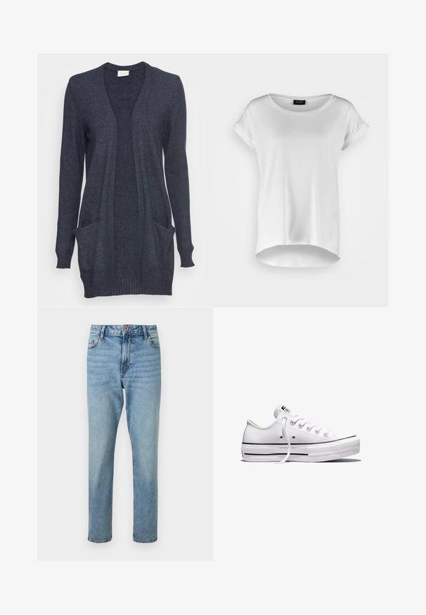 Dunkelblauer Cardigan aus strukturiertem Strickmaterial, mit offenem Vorderteil, langen Ärmeln und zwei vorderen Taschen. Rippenbündchen an den Ärmeln.; Weißes kurzärmliges T-Shirt mit rundem Ausschnitt, leicht längerem Saum hinten, weichem Baumwollstoff und aufgerollten Ärmeln. Keine sichtbaren Aufdrucke.; Hellblaue, hoch taillierte Jeans mit geradem Bein, vorne mit Knopf- und Reißverschluss, vorderen Taschen und dezenten ausgewaschenen Details.; Weißer Sneaker aus Segeltuch mit niedrigem Schnitt, weißen Schnürsenkeln, Gummisohle, schwarzen Streifendetails und Logopatch auf der Zunge und Ferse.
