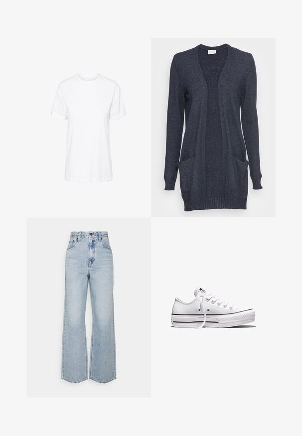 Cardigan bleu marine foncé en tricot texturé, avec un devant ouvert, des manches longues et deux poches à l'avant. Ourlet côtelé aux poignets.; T-shirt en coton blanc avec des manches courtes, un col rond et une coupe décontractée, offrant une texture lisse et sans motifs visibles.; Jean large en denim bleu clair avec taille haute, design classique à cinq poches et couture contrastante. Détail de ourlet brut en bas.; Baskets basses en toile blanche avec lacets blancs, semelle en caoutchouc, détails à rayures noires, et écusson logo sur la languette et le talon.