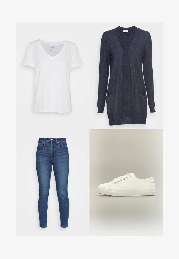 Cardigan bleu marine foncé en tricot texturé, avec un devant ouvert, des manches longues et deux poches à l'avant. Ourlet côtelé aux poignets.; T-shirt en coton blanc à col en V, à manches courtes, avec une coupe décontractée et une étiquette près de l'encolure. Texture lisse, sans motifs ni accents.; Jean skinny bleu foncé en denim. Taille haute avec une silhouette ajustée, comportant des poches avant et une fermeture à bouton.; Baskets basses blanches avec lacets blancs et semelle en caoutchouc, vues de côté sur un fond neutre.