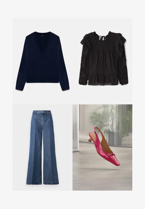 Marineblaues Cardigan mit V-Ausschnitt, Knopfleiste, gerippten Bündchen und Saum; aus weichem Material mit glatter Textur.; Schwarze Bluse mit Rüschendetails, gerafftem Stoff am Oberteil, langen Ärmeln und einem gestuften Saum mit transparenten Stoffelementen.; Weite blaue Jeans mit hoher Taille, im klassischen Five-Pocket-Stil und mit Knopfverschluss, aus strukturierter Baumwollstoff gefertigt.; Glänzender rosa Slingback-Schuh mit niedrigem Holzabsatz und kleiner dekorativer Schleife an der spitzen Zehe, vor unscharfem Innenhintergrund.
