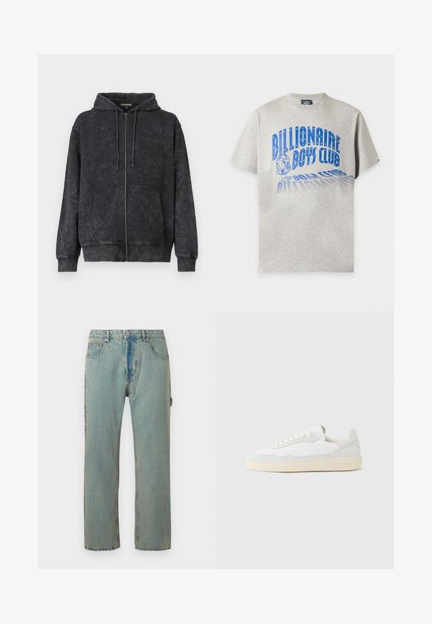 Zwarte gewassen zip-up hoodie met trekkoorden, voorkantzakken en subtiele "Les Benjamins" logo op de linkerborst.; Lichtgrijs T-shirt met korte mouwen met blauwe tekst "Billionaire Boys Club" en afbeelding van een astronautenhelm op de voorkant.; Lichtblauwe, loszittende denim jeans met vijf zakken, een knoopsluiting en zichtbare stiksels. De stof heeft een vervaagde, gestructureerde uitstraling.; Witte sneaker met een bovenwerk van gestructureerd suède en leer. Voorzien van een afgeronde neus, vetersluiting en een contrasterende beige rubberen zool.