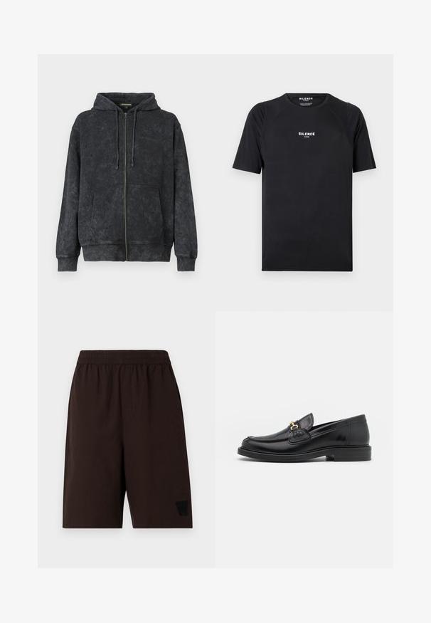 Hoodie noir délavé zippé avec cordons de serrage, poches avant et logo discret "Les Benjamins" sur la poitrine gauche.; T-shirt noir à manches courtes en tissu lisse, doté d'un col rond et d'un logo blanc "SILENCE" sur la poitrine.; Shorts marron à taille élastique avec poches latérales, en tissu texturé, et un logo brodé noir sur la jambe gauche.; Mocassins en cuir noir avec un embout rond, présentant des accents en métal doré et des détails de couture, montés sur une semelle en caoutchouc texturé et basse.