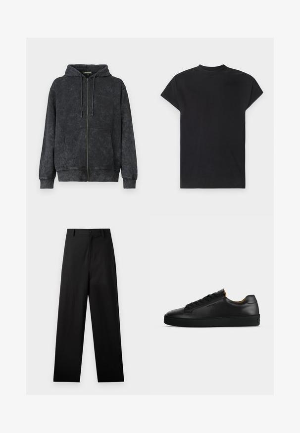 Schwarz gewaschene Zip-Hoodie mit Kordeln, Vordertaschen und dezentem "Les Benjamins"-Logo auf der linken Brust.; Won Hundred CREED - T-Shirt basic - black; Schwarze Baumwollhosen mit geradem Bein, ausgestattet mit einem vorderen Knopfverschluss und Seiten Taschen. Glatte Textur, keine Muster.; Schwarzer flacher Ledersneaker mit schwarzen Schnürsenkeln, strukturierter Gummisohle und kleinem eingeprägtem Logo an der Seite, im Profil vor grauem Hintergrund gezeigt.