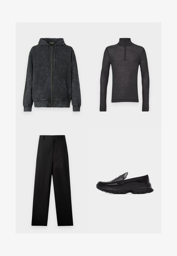 Zwarte gewassen zip-up hoodie met trekkoorden, voorkantzakken en subtiele "Les Benjamins" logo op de linkerborst.; Zwarte lange mouwen turtleneck shirt gemaakt van een gestructureerde stof, met een halve rits bij de kraag en aansluitende mouwen.; Zwarte broek van katoen met een rechte pijpdesign, voorzien van een sluiting met een knoop aan de voorkant en zijzakken. Gladde textuur, geen patronen.; Zwarte glanzende loafer met dikke, getextureerde zool en gestikte details, zijaanzicht op een effen lichtgrijze achtergrond.