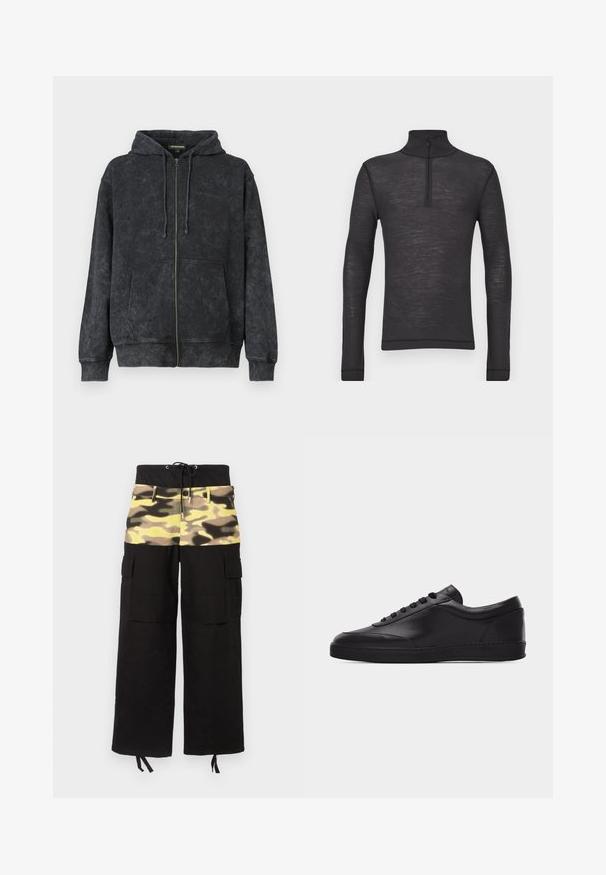 Sort vasket zip-up hoodie med snoretræk, frontlommer og diskret "Les Benjamins" logo på venstre bryst.; Sorte langærmede turtleneck skjorte lavet af et tekstureret stof, med en halvlåzipper ved kraven og tætsiddende ærmer.; Cargo bukser med et sort stof og en overdel med camouflage-mønster i nuancer af gul, grøn og brun; inkluderer justerbar talje.; Sort lavtstående lædersneaker med snørebånd foran og flad gummisål, vist fra siden på en ensartet hvid baggrund.