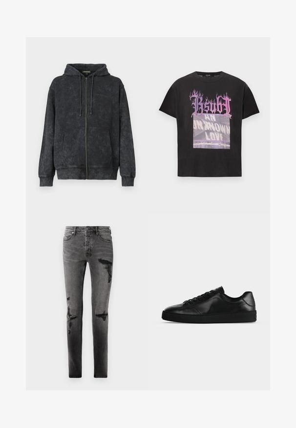 Schwarz gewaschene Zip-Hoodie mit Kordeln, Vordertaschen und dezentem "Les Benjamins"-Logo auf der linken Brust.; Schwarzes T-Shirt mit kurzen Ärmeln, bedruckt mit dem Schriftzug "KSUBI" in lila Flammen-Schriftart und einem grafischen Motiv mit den Worten "AN UNKNOWN LOVE." Hergestellt aus Baumwollmaterial.; Schwarze Denim-Jeans mit Rissdetails, schlankem Schnitt, fünf Taschen und klassischem Reißverschluss. Abgetragenes Aussehen mit verblassten Stellen.; Niedrig geschnittener schwarzer Ledersneaker mit Schnürung vorne und strukturierter flacher Sohle, seitlich auf neutralem Hintergrund gezeigt.
