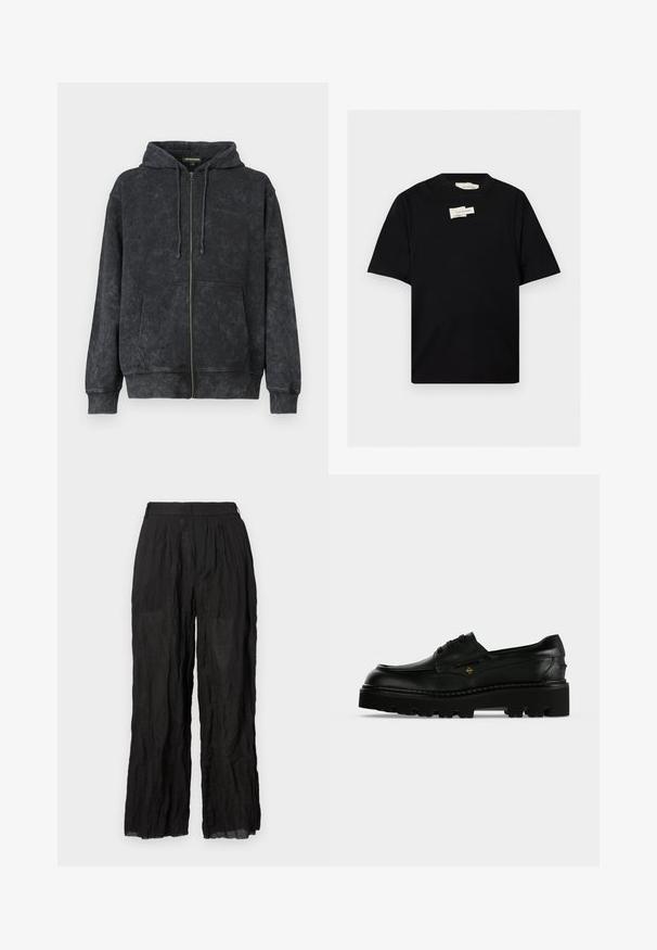 Sort vasket zip-up hoodie med snoretræk, frontlommer og diskret "Les Benjamins" logo på venstre bryst.; Sort T-shirt med korte ærmer og rund halsudskæring med to små hvide rektangulære mærkater nær halslinningen, forfra på ensfarvet baggrund.; Sorte linned brede bukser med en struktureret overflade. Har en elastisk talje og diskrete folder.; Sort læder chunky såle snørestøvle med tyk mønstret ydersål og lille gyldent logo på siden.
