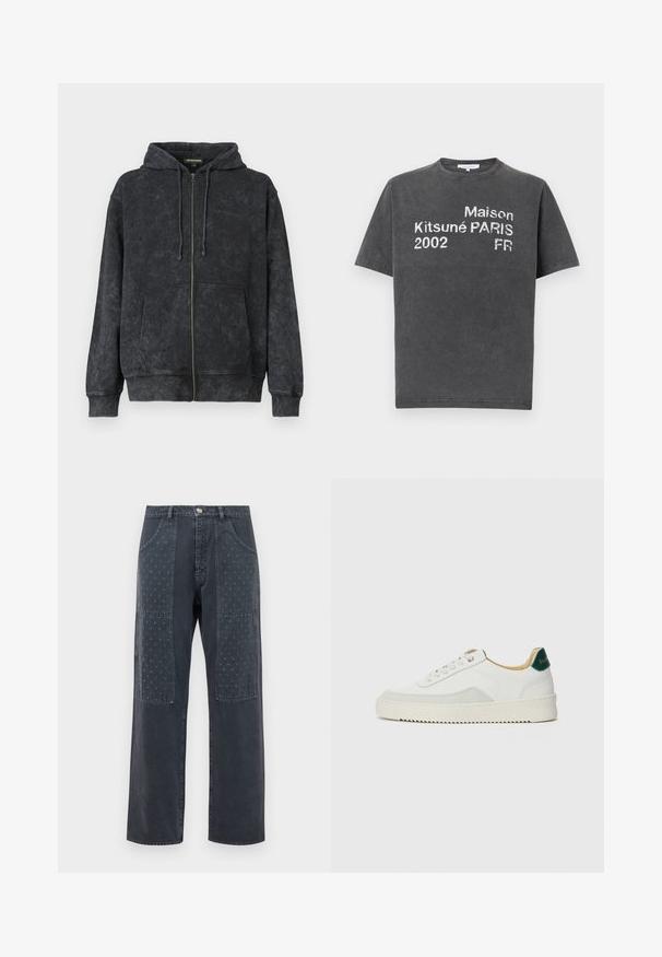 Hoodie noir délavé zippé avec cordons de serrage, poches avant et logo discret "Les Benjamins" sur la poitrine gauche.; T-shirt à manches courtes gris charbon avec texte imprimé blanc : "Maison Kitsuné PARIS 2002 FR" sur le devant, col rond, style décontracté.; Jean gris foncé à coupe large, avec des patchs décoratifs à l'avant présentant un motif floral discret et des détails de poches standards.; Baskets blanches avec des accents en daim, bout arrondi, lacets plats et semelle en caoutchouc crème. Présente une marque verte sur le talon.