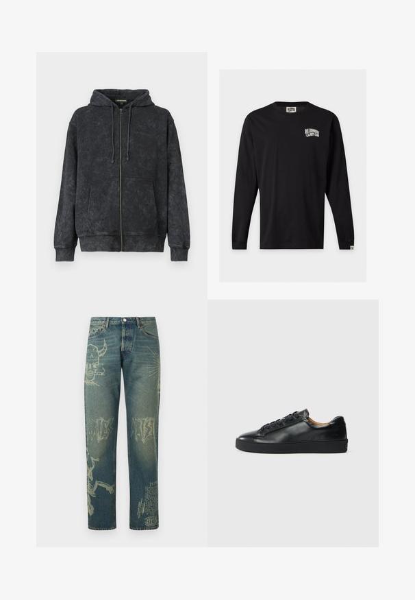 Hoodie noir délavé zippé avec cordons de serrage, poches avant et logo discret "Les Benjamins" sur la poitrine gauche.; T-shirt noir à manches longues avec col rond, petit logo blanc "Billionaire Boys Club" sur la poitrine gauche et petite étiquette sur le bas de la manche gauche.; Jean en denim avec des imprimés graphiques délavés incluant un crâne cornu fumant, du texte abstrait et un squelette sur les jambes, vue de face.; Baskets en cuir noir avec une texture lisse, bout rond et fermeture à lacets. Comprend une semelle en caoutchouc épaisse et un minimum de détails de marque.