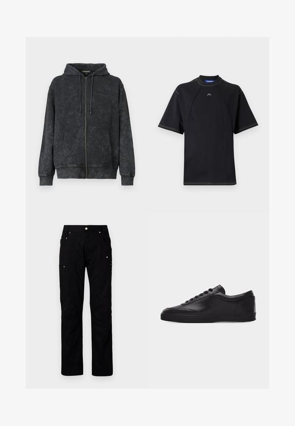 Sort vasket zip-up hoodie med snoretræk, frontlommer og diskret "Les Benjamins" logo på venstre bryst.; Sort T-shirt med korte ærmer og rund hals, med kontrastsyede detaljer og et lille logo på brystet. Glat, strækbart stof.; Sorte cargo-bukser lavet af slidstærkt stof med flere lommer, forstærket syning og metalaccenter for forbedret funktionalitet.; Sort lavtstående lædersneaker med snørebånd foran og flad gummisål, vist fra siden på en ensartet hvid baggrund.